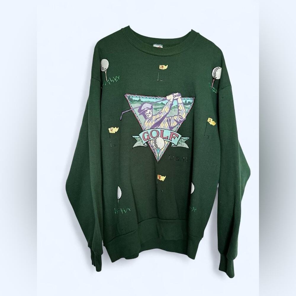 Vintage 90s Jerzees green hand painted golf crewneck sweatshirt L